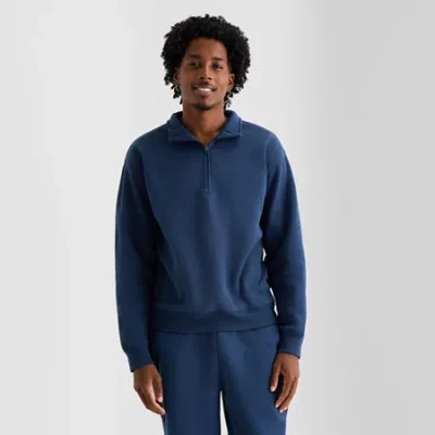 Xersion Quick Dry Cotton Blend Fleece Mens Mock Neck Long Sleeve Active Quarter-zip Pullover In Blue