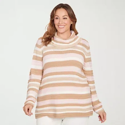Hearts Of Palm Plus Womens Cowl Neck Long Sleeve Striped Pullover Sweater In Pink