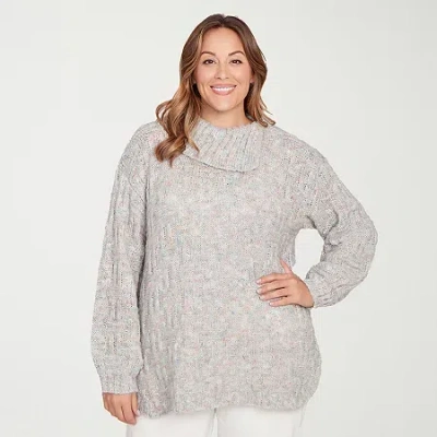 Hearts Of Palm Plus Womens Envelope Neck Long Sleeve Abstract Pullover Sweater In Green