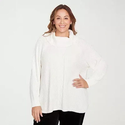 Hearts Of Palm Plus Womens Cowl Neck Long Sleeve Pullover Sweater In White
