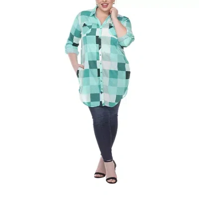 White Mark Womens Plus Roll Tab Long Sleeve Regular Fit Stretch Fabric Button-down Shirt In Green
