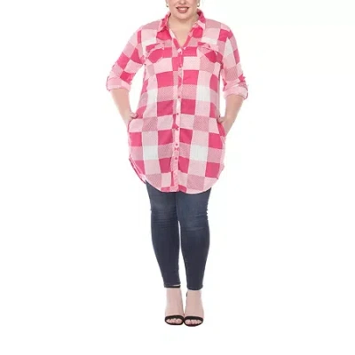 White Mark Womens Plus Roll Tab Long Sleeve Regular Fit Stretch Fabric Button-down Shirt In Pink