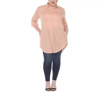 White Mark Womens Plus Roll Tab Long Sleeve Regular Fit Stretch Fabric Button-down Shirt In Pink