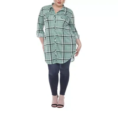 White Mark Womens Plus Roll Tab Long Sleeve Loose Fit Stretch Fabric Button-down Shirt In Green