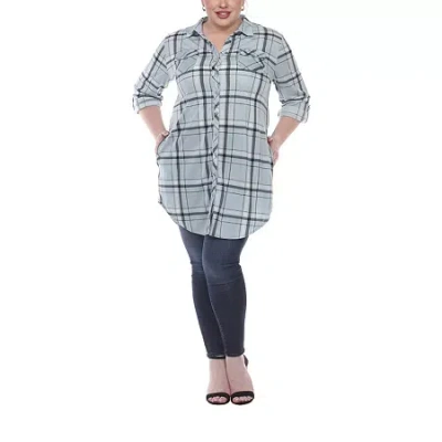 White Mark Womens Plus Roll Tab Long Sleeve Loose Fit Stretch Fabric Button-down Shirt In Blue