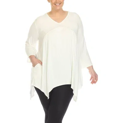 White Mark Plus Womens V Neck 3/4 Sleeve Tunic Top In White