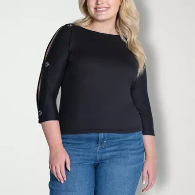 24seven Comfort Apparel Womens Plus Boat Neck 3/4 Sleeve Blouse In Black