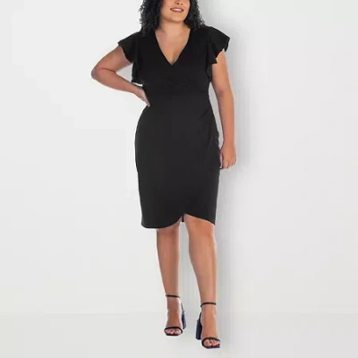 24seven Comfort Apparel Womens Plus Short Sleeve Wrap Dress In Black