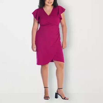 24seven Comfort Apparel Womens Plus Short Sleeve Wrap Dress In Pink