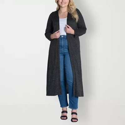 24seven Comfort Apparel Plus Size Long Duster Open Front Knit Cardigan Sweater In Animal Print