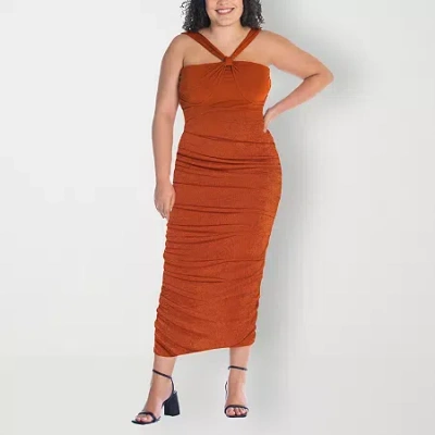 24seven Comfort Apparel Womens Plus Sleeveless Midi Casual Bodycon Dress In Orange