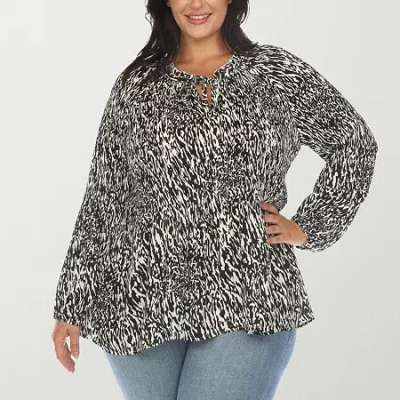 White Mark Womens Plus Split Tie Neck Long Sleeve Blouse In Black