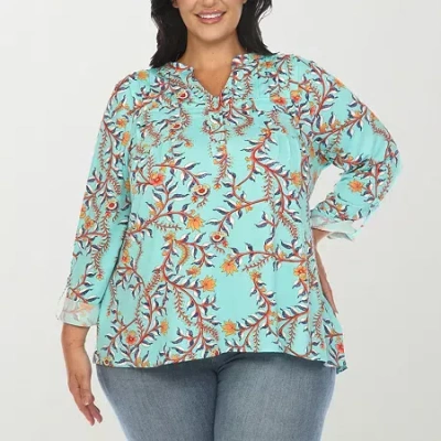 White Mark Plus Size Paisley Button Front Tunic Top In Blue