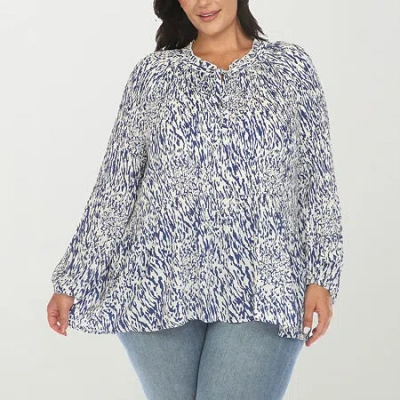 White Mark Womens Plus Split Tie Neck Long Sleeve Blouse In Blue