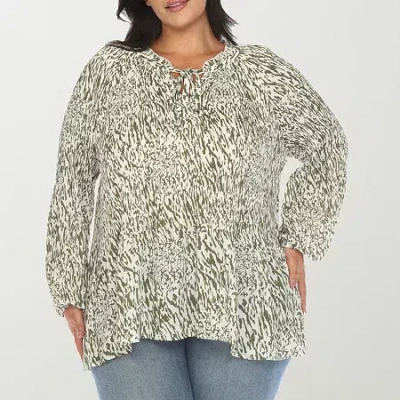 White Mark Womens Plus Split Tie Neck Long Sleeve Blouse In Green