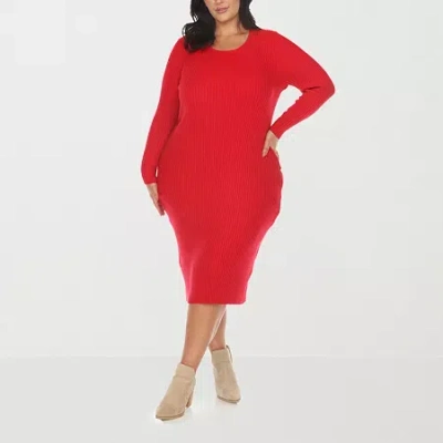 White Mark Womens Plus Long Sleeve Midi Sweater Dress In Red