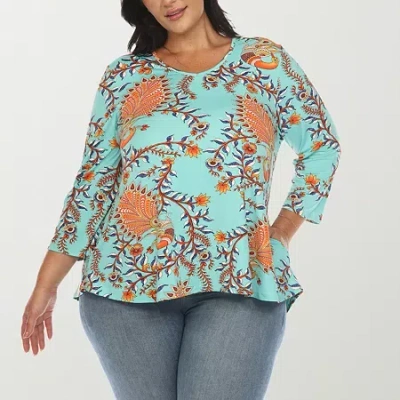 White Mark Plus Womens V Neck 3/4 Sleeve Tunic Top In Green