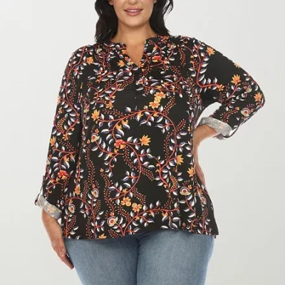 White Mark Plus Size Paisley Button Front Tunic Top In Black