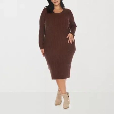 White Mark Womens Plus Long Sleeve Midi Sweater Dress In Brown