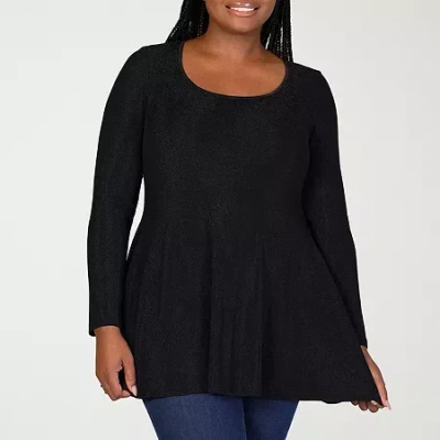 24seven Comfort Apparel Plus Womens Scoop Neck Long Sleeve Tunic Top In Black