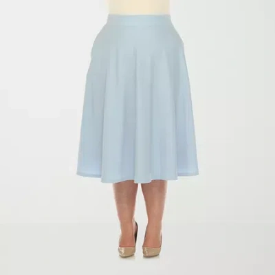 White Mark Womens Plus Stretch Fabric Midi Flared Skirt In Blue