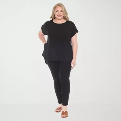 White Mark Plus Womens Round Neck Short Sleeve Tunic Top In Black