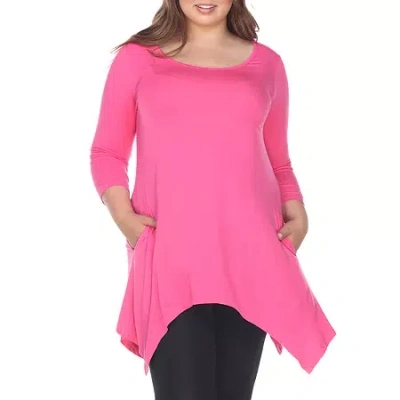 White Mark Plus Womens Round Neck 3/4 Sleeve Tunic Top In Pink