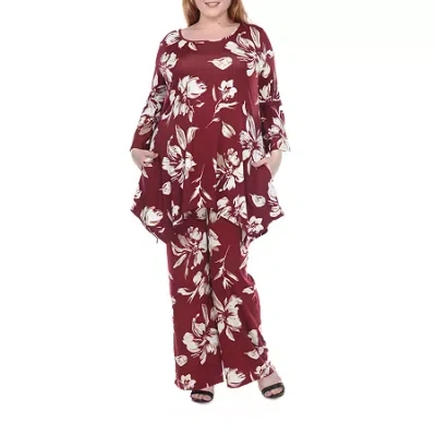 White Mark Plus Womens Round Neck 3/4 Sleeve Tunic Top In Red