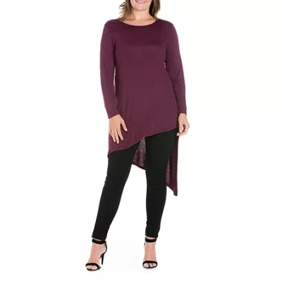 24seven Comfort Apparel Plus Womens Round Neck Long Sleeve Tunic Top In Purple