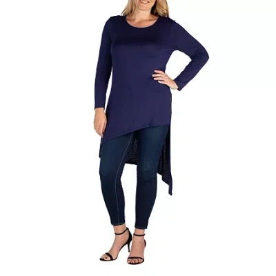 24seven Comfort Apparel Plus Womens Round Neck Long Sleeve Tunic Top In Blue