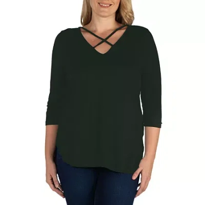24seven Comfort Apparel Plus Womens V Neck 3/4 Sleeve Tunic Top In Green