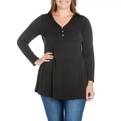 24seven Comfort Apparel Plus Womens Henley Neck Long Sleeve Tunic Top In Black