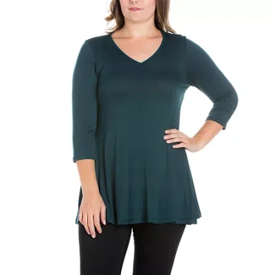 24seven Comfort Apparel Plus Womens V Neck 3/4 Sleeve Tunic Top In Green