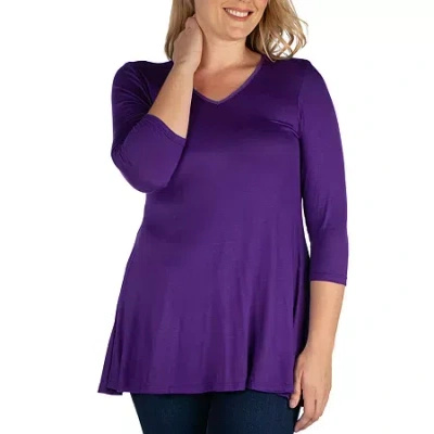 24seven Comfort Apparel Plus Womens V Neck 3/4 Sleeve Tunic Top In Purple