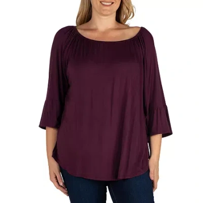 24seven Comfort Apparel Plus Womens Round Neck 3/4 Sleeve Tunic Top In Purple