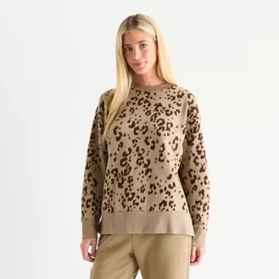 Xersion Womens Oversized Super Soft Fleece Graphic Crewneck Sweatshirt In Brown