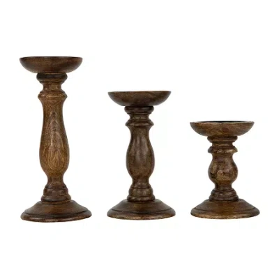 Northlight Dark Wooden Pillar 3-pc. Candle Holder In Brown