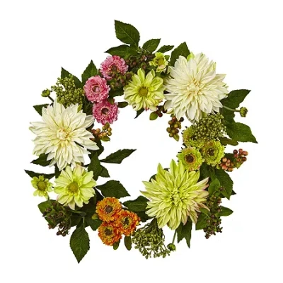 Nearly Natural 22 Dahlia Mum Wreath Artificial Flowers In Multi