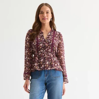 Frye And Co Womens Split Crew Neck Long Sleeve Blouse In Red