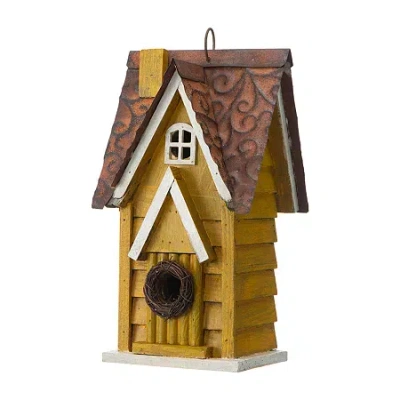 Glitzhome 12in Distressed Solid Wood Bird House In Yellow