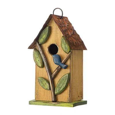 Glitzhome 9.75in Distressed Solid Wood Bird House In Yellow