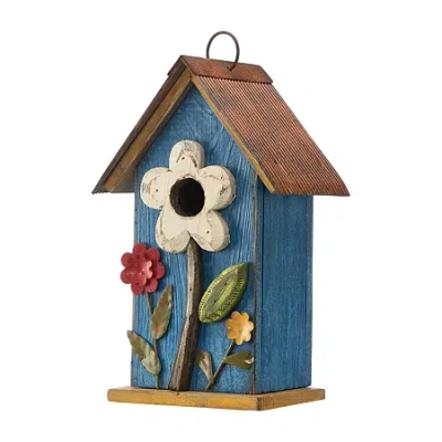 Glitzhome 10.25in Distressed Solid Wood Bird House In Blue