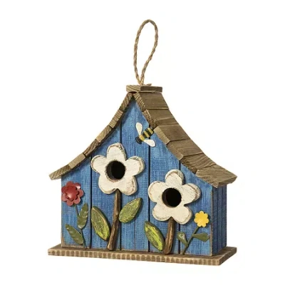 Glitzhome 10.5" Distressed Solid Wood Wide Bird House In Blue
