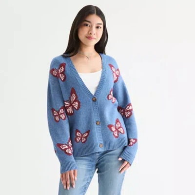Self Esteem Womens V Neck Long Sleeve Button Juniors Hearts Cardigan In Blue