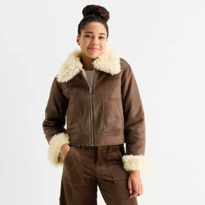 Arizona Womens Juniors Faux Shearling Midweight Bomber Jacket In Brown
