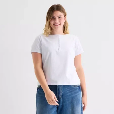 Forever 21 Womens Juniors Plus Short Sleeve Fitted Henley Shirt In White