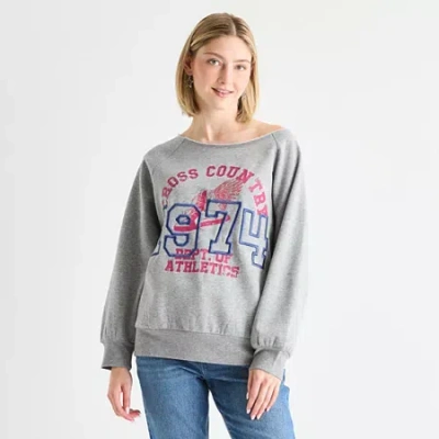 Arizona Off The Shoulder Womens Juniors Crew Neck Long Sleeve Sweatshirt In Gray