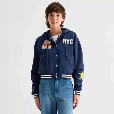 Forever 21 Womens Juniors Fleece Hooded Lightweight Bomber Jacket In Blue