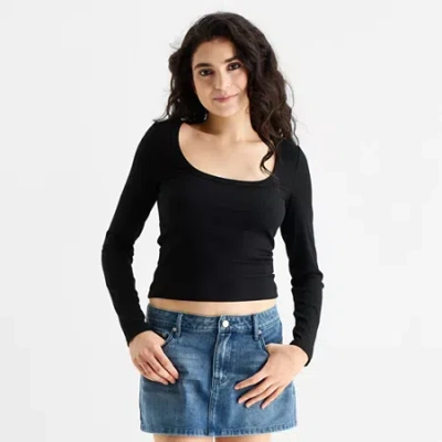 Forever 21 Womens Juniors Scoop Neck Long Sleeve Crop Top In Black