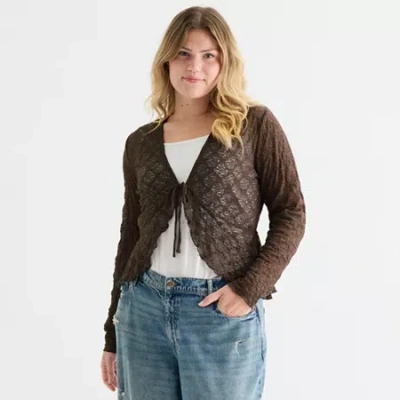 Forever 21 Womens Juniors Plus Split Tie Neck Long Sleeve Wrap Shirt In Brown